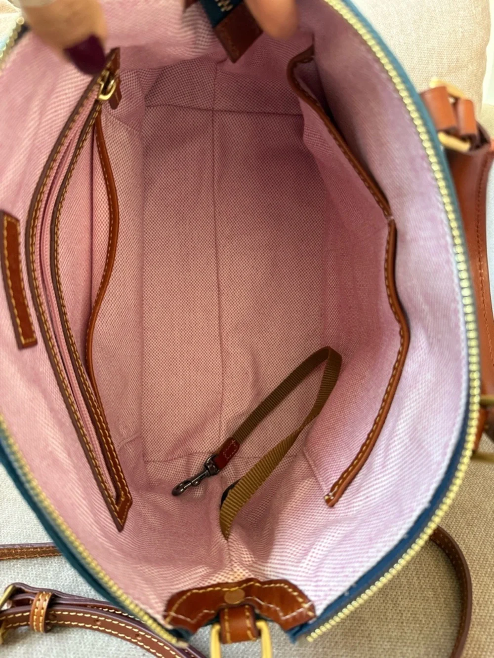 Dooney & Bourke Dillen Satchel Denim Pebbled Leather Brown Trim Crossbody Strap